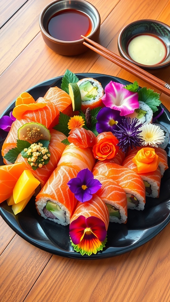 Delicious Sushi Painting: A Creative Culinary Art Vibrant sushi painting with colorful designs and fresh ingredients on a wooden table.
